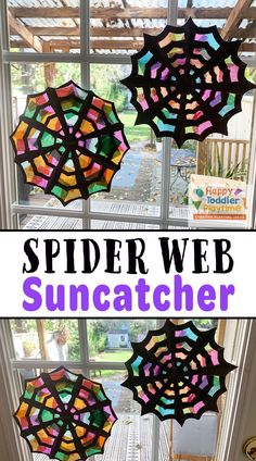 spider web sun catcher made out of stained glass with the words spider web on it