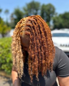 Dreads Hair Color Ideas, Natural Loc Colors, Pb J Hair Color Locs, Half And Half Hair Color Dreads, Different Loc Colors, Best Hair Dye For Locs, Fall Locs Color, Dyed Dreadlocks Women, Died Dread Locks