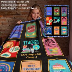 a woman holding up a teacher's blanket with the words teachers on it and images of other school related items