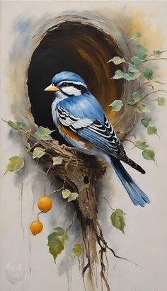 a painting of a blue bird sitting on top of a tree branch next to an orange