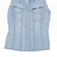 Item is in good used condition. >Size: L >Armpit To Armpit: 17" >Armpit To Cuff: N/A" >Collar To Hem: 24" Spring Medium Wash Denim Vest, Blue Denim Vest, Medium Wash Cotton Sleeveless Vest, Fitted Light Wash Vest, Medium Wash Sleeveless Cotton Vest, Fitted Light Wash Sleeveless Vest, Casual Medium Wash Sleeveless Top, Casual Sleeveless Medium Wash Top, Blue Cotton Denim Vest Top