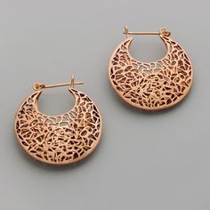 "Handmade large filigree hoop earrings designed with ancient Victorian style. These are cambered to a large basket shape and uneven shapes sawed on it by hand in various sizes. ▸▸ Measurments◂◂ - Diameter of one basket is 3.7cm / 1.5\". - Length: 4.2cm / 1.7\". - The weight of one earring is: 6.5g Also comes at a smaller size: https://www.etsy.com/il-en/listing/76844750 ▸▸ Material◂◂ - Sterling silver - Rose gold or 18k yellow gold coating over sterling silver ear wire and brass basket. Choose t Rose Gold Round Pierced Earrings, Rose Gold Nickel-free Small Hoop Earrings, Handmade Small Hoop Rose Gold Earrings, Pierced Copper Hoop Earrings, Small Hoop Copper Earrings, Small Hoop Copper Earrings For Pierced Ears, Rose Gold Lace, Filigree Hoop Earrings, Gold Filigree Earrings