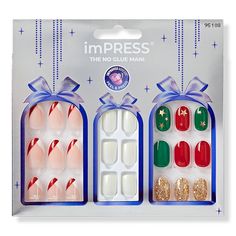 imPRESS Press-On Nails Limited Edition Holiday Gift Set - IMPRESS NAILS HOLIDAY 3PC GIFTSETFeaturesThe NO GLUE instant mani with no damage to natural nailsThe EASIEST manicure with pre-applied adhesive - just peel, press & goNEW & IMPROVED adhesive for up to 7-day superior hold3 on-trend press-on fashion nail kits come in a variety of colors, shapes & sizes with festive holiday designsIncludes90 Nails3 Prep PadsInstructions Sheet3 Manicure Sticks3 Mini Files - imPRESS Press-On Nails Limited Edition Holiday Gift Set Glue On Nails Christmas, Kids Christmas Press On Nails, Christmas Short Press On Nails, Brr Basket, Nails Holiday, Nail Kits, Easy Manicure, Impress Nails, Holiday Gift Sets