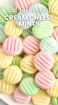 an image of pastely colored cream cheese minis in a bowl with text overlay