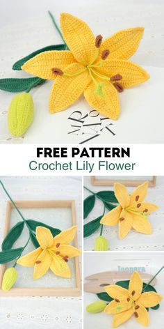 crochet lily flower is shown in four different pictures