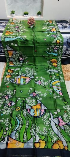 PURE MURSHIDABAD SILK SAREE WITH BLOUSE WHATSAPP MSG 8949375476 Hand Painted Sarees Design Silk, Cloth Painting, Saree Painting, Hand Painted Designs, Painted Clothing, Kerala Saree, Hand Painted Clothing, Hand Painted Sarees