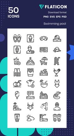 the 50 flat icon set includes swimming pool and beach items