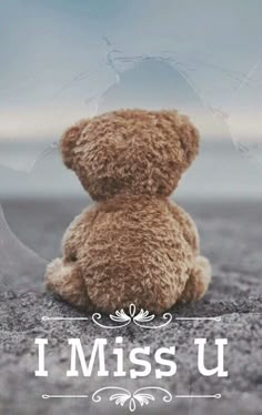 a brown teddy bear sitting on top of a cement ground with the words i miss u behind it