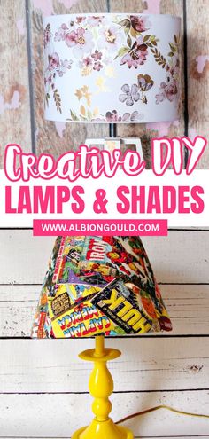 a yellow table lamp with the words creative diy lamps and shades on it in front of