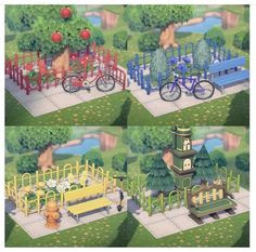 four different views of the park with benches, trees, and various types of bicycles