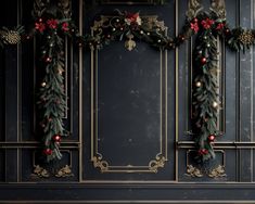 two christmas wreaths hanging from the side of a black wall with gold trimming