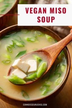 a wooden spoon filled with vegan miso soup