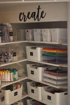 an organized pantry with white bins and plastic containers on the shelves, labeled create