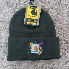 Carhartt Youth Hand Embroidered Watch Cap In Dark Green. Casual Adjustable Beanie With Embroidered Logo, Adjustable Beanie With Embroidered Logo, Cathartic Beanie Embroidered, Embroidered Carhartt Hat, Carhartt Hat Embroidery, Carhart Hats, Carhartt Embroidery, Embroidered Carhartt Beanie, Beanie Embroidery