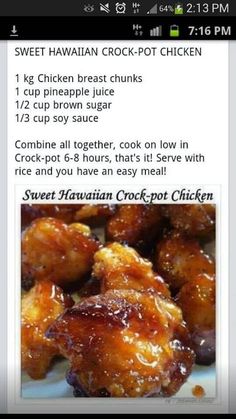 the recipe for sweet hawaiian crock pot chicken is shown in this screenshot photo