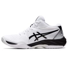 the white and black asics shoes are on display in front of a white background