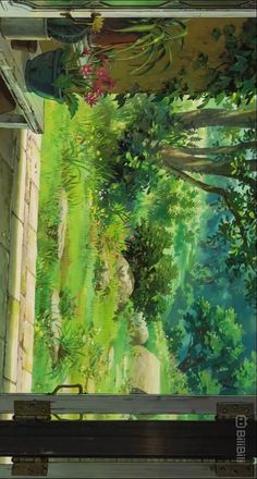 an anime scene with trees and grass in the foreground, looking out from behind a window