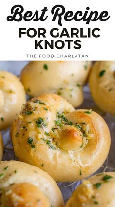 garlic knots on a cooling rack with text overlay that reads best recipe for garlic knots