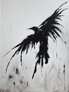 black and white painting of a bird with wings spread out in front of the camera