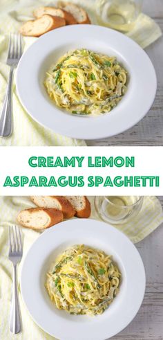 creamy lemon asparagus spaghetti with garlic bread