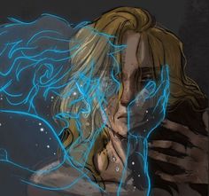 a drawing of a woman with blonde hair and blue lights on her face, in front of a black background