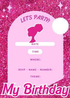 a pink birthday card with the words, let's party date where rsp name number