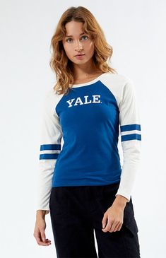 The Yale Striped Raglan Long Sleeve T-Shirt makes for a sporty go-to this season. it has long sleeves with varsity stripe details, a crew neckline, and a Yale graphic on the front.


	Long sleeves with stripe detail
	Crew neckline
	Yale graphic
	Regular fit
	100% cotton
	Machine washable
	Model is wearing a size small
	Model measurements: 5’7” height, 32” bust, 24” waist, 34” hip Raglan Long Sleeve, Top Graphic Tees, Shirt Price, Model Measurements, Pacsun, Crew Neckline, Long Sleeve T Shirt, Long Sleeve Tshirt, Long Sleeves