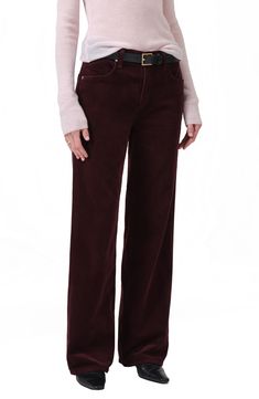 Soften your office-ready style in these high-waist pants cut from stretchy corduroy and styled with full-length straight legs in a relaxed fit. 33" inseam, 21" leg opening; 11 1/2" front rise; 15" back rise (size 29) Zip fly with button closure Front scoop pockets; back patch pockets 98% cotton, 2% elastane Machine wash, tumble dry Made in Turkey Chic Straight Leg Corduroy Jeans, Corduroy Straight Leg Jeans For Work, Corduroy Workwear Bottoms With Five Pockets, Straight Leg Corduroy Pants For Work, Elegant Corduroy Bottoms For Work, Corduroy Workwear Pants With Five Pockets, Corduroy Straight Pants For Work, Velvet Straight Leg Workwear Bottoms, Corduroy Straight Leg Workwear Bottoms