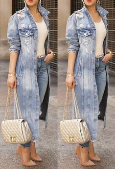 Long Jeans Shirt Outfit, Long Denim Jacket Outfit Winter, Long Jean Jacket Outfits, All Denim Outfits For Women, Denim Long Jacket, Denim Style Casual, Long Denim Jacket, Denim Coat Women, Prom Dresses Black