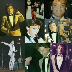 many different pictures of men in tuxedos with microphones and singing on stage