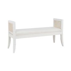 a white bench with wicker backrests and seat cushion on the bottom half