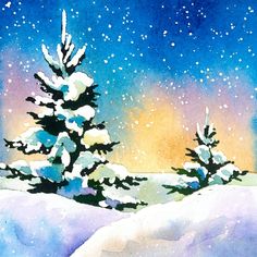 watercolor painting of snow covered trees in the night sky with stars and clouds above