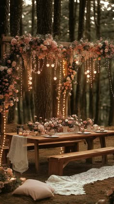 Enchanting wedding reception setup in a forest with cascading floral garlands, rustic wooden tables, warm fairy lights, and delicate lace accents. Captured in soft daylight for a magical ambiance. Garden Shoot, Wood Light, Wedding Lights, Spring Wedding, Secret Garden, Dream Wedding, Wedding Ideas, Holidays, Quick Saves