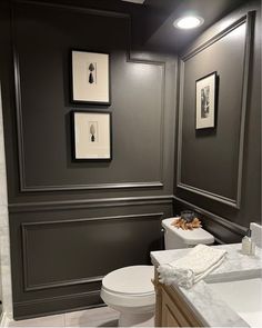 a white toilet sitting in a bathroom next to a sink and a shower stall with pictures on the wall