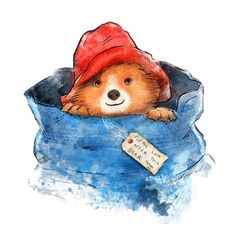 a drawing of a dog with a red hat on it's head in a blue bag