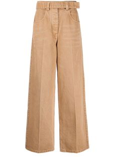 brown cotton whiskering effect belted waist belt loops front button and zip fastening wide leg classic five pockets Raver Jeans, Jeans Beige, Jean Belts, Brown Pants, Pants Jeans, Wide Leg Denim, Straight Pants, Lady Dior, Dolce & Gabbana