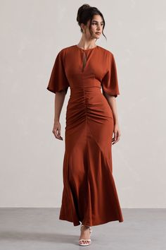 Elidy Terracotta Ruched Flutter-Sleeve Cut-Out Maxi Dress – Club L London - USA Modest Elagabt Dresses, Stylish Formal Dresses For Women, Teracota Silk Dress, Dresses Rust Color, Brown Weeding Guest Dresses, Brown Formal Dress Classy, Marroon Dress Plus Size, Medium Size Women Dresses, Dress Women Elegant Chic