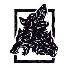 a black and white drawing of a wolf's head in a rectangle frame