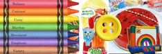 there are many different colored crayons and toys