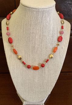 Disk Necklace, Disc Necklace, Pink Beads, Beaded Necklaces, Chain Styles, Orange Red, Necklace Lengths, Beaded Jewelry, Gold Tones