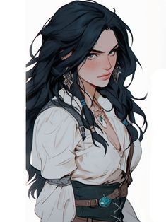 an anime character with long black hair wearing a white shirt and brown belted pants