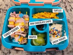 a blue lunch box filled with different types of food and words on the lid that read turkey kabob, turkey kabob, tuna, chocolate chips, grapes, green yogurt