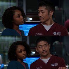 two people in scrubs looking at each other