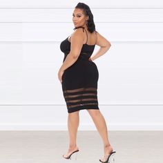 Summer Women Black Plus Size Mesh Patchwork Spaghetti Strap Sleeveless Bodycon Knee-length Midi Dress Lifting Dress, Steps Dresses, Black Plus Size, Solid Color Dress, Color Dress, Evening Gowns Formal, Affordable Fashion, Fashion Store, Plus Size Dresses