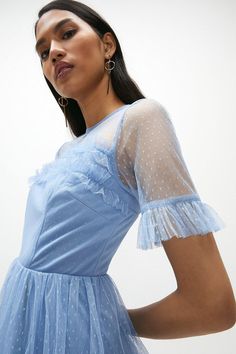 Ruffle Tier Skirt Short Sleeve Maxi Dress - Blue - This dress is never tulle much. Proving more is always more, this stunning gown features ruffles on ruffles (on ruffles) of polka dot tulle from the sheer bodice to the flowing maxi skirt. Extra drama also comes in the form of an exposed open back. Short Sleeve Maxi Dress, Lily Wedding, Short Sleeve Maxi Dresses, Skirt Short, Stunning Gowns, Sleeve Maxi Dress, Tier Skirt, Maxi Dress Blue, Maxi Dress With Sleeves