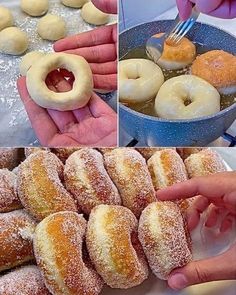 the doughnuts are being cooked and then coated with powdered sugar to be eaten