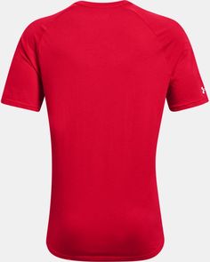 Super-soft, cotton-blend fabric provides all-day comfort|Ribbed collar Red Short Sleeve Jersey Tops, Technical Athletic Fit T-shirt, Sweat Resistant, Red Graphic Print T-shirt For Workout, Red Moisture-wicking Jersey Tops, Affordable Sporty Under Armour T-shirt, Red Short Sleeve T-shirt For Training, Cheap Under Armour T-shirt For Sports, Affordable Under Armour Men's T-shirt, Volleyball Shoes