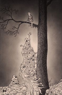 a black and white drawing of a person sitting on a tree with skulls around it