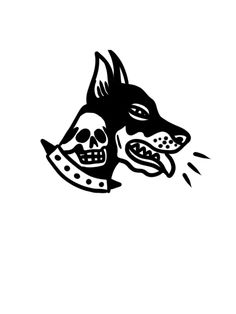 a black and white drawing of a dog's head with its mouth open, showing teeth