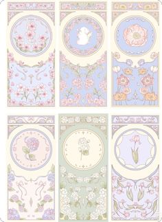 six different wallpapers with flowers and birds in the middle one is blue, green, pink, yellow